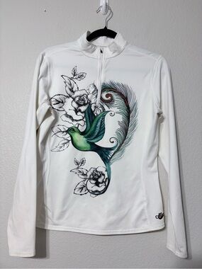 Hot Chillys White Performance Warmth Base Layer Zip Tee Hummingbird Print LS L